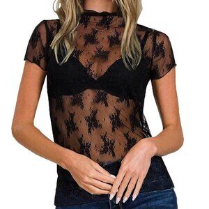 Black Mesh Lace Vintage Short Sleeve Top